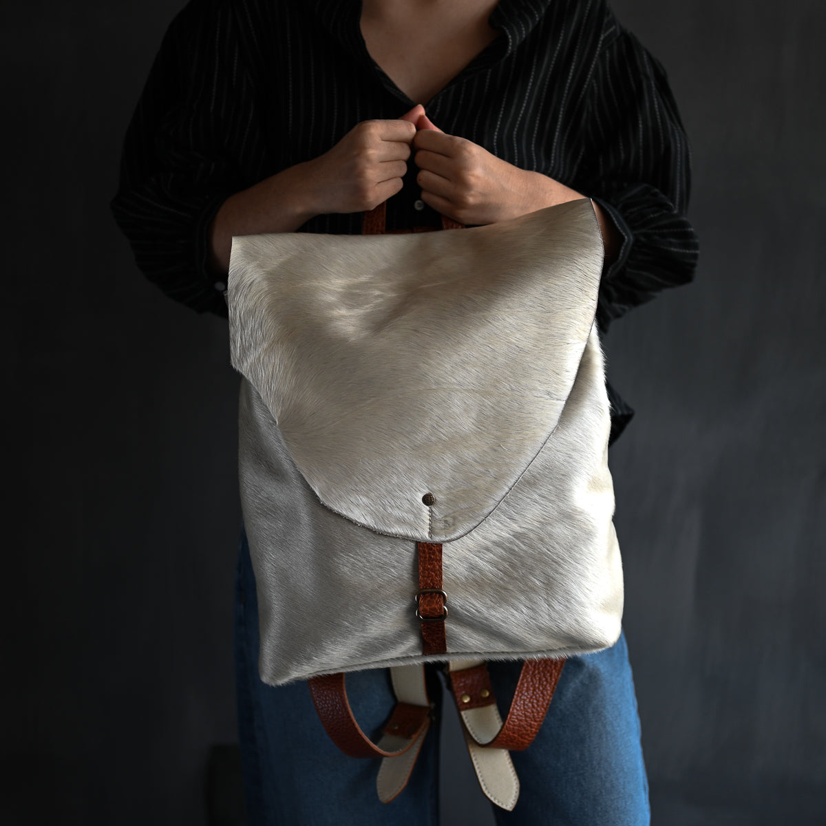 Artisan Backpack LE | Pearl Hair Hide with Tan Strap