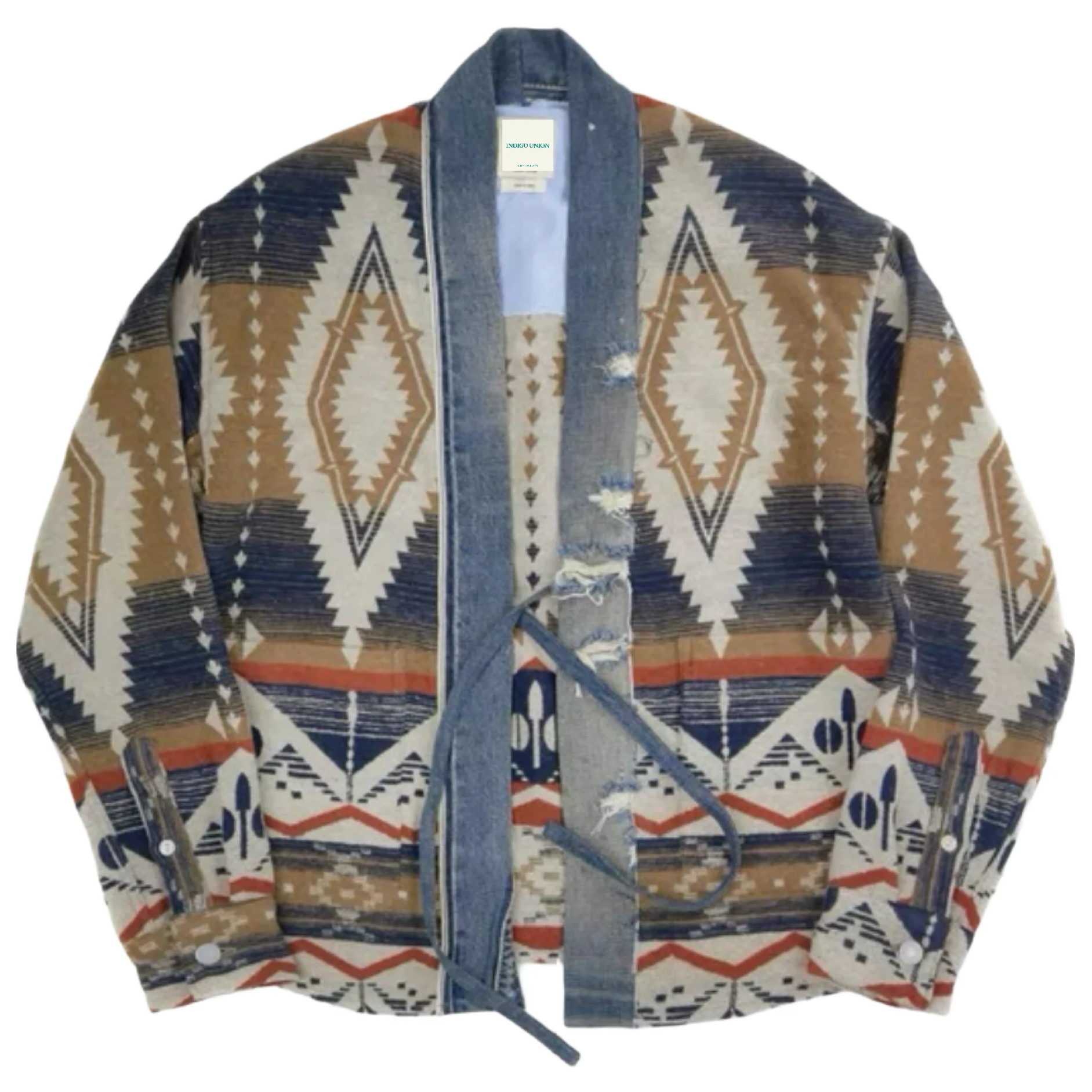 Denim Distressed Folk Haori Jacket | Tan + Indigo