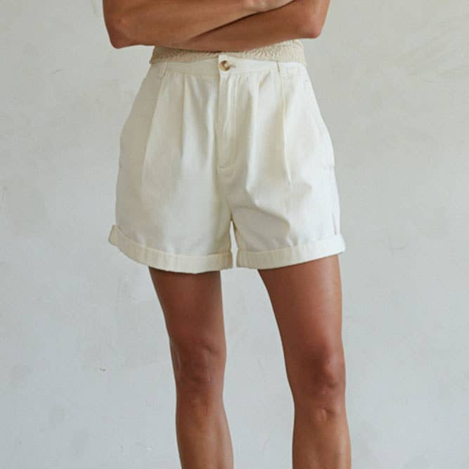 Pleated Wide Leg Shorts | Cream