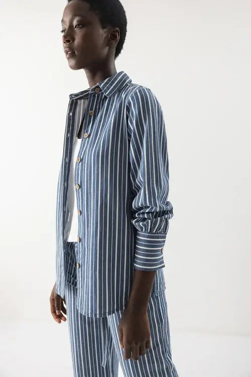 Long Sleeve Button Up Top | Blue Stripe