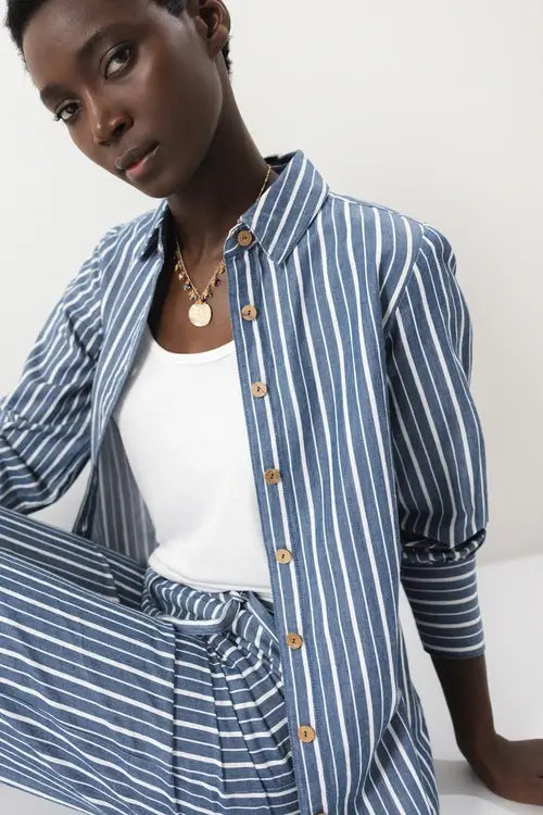 Long Sleeve Button Up Top | Blue Stripe