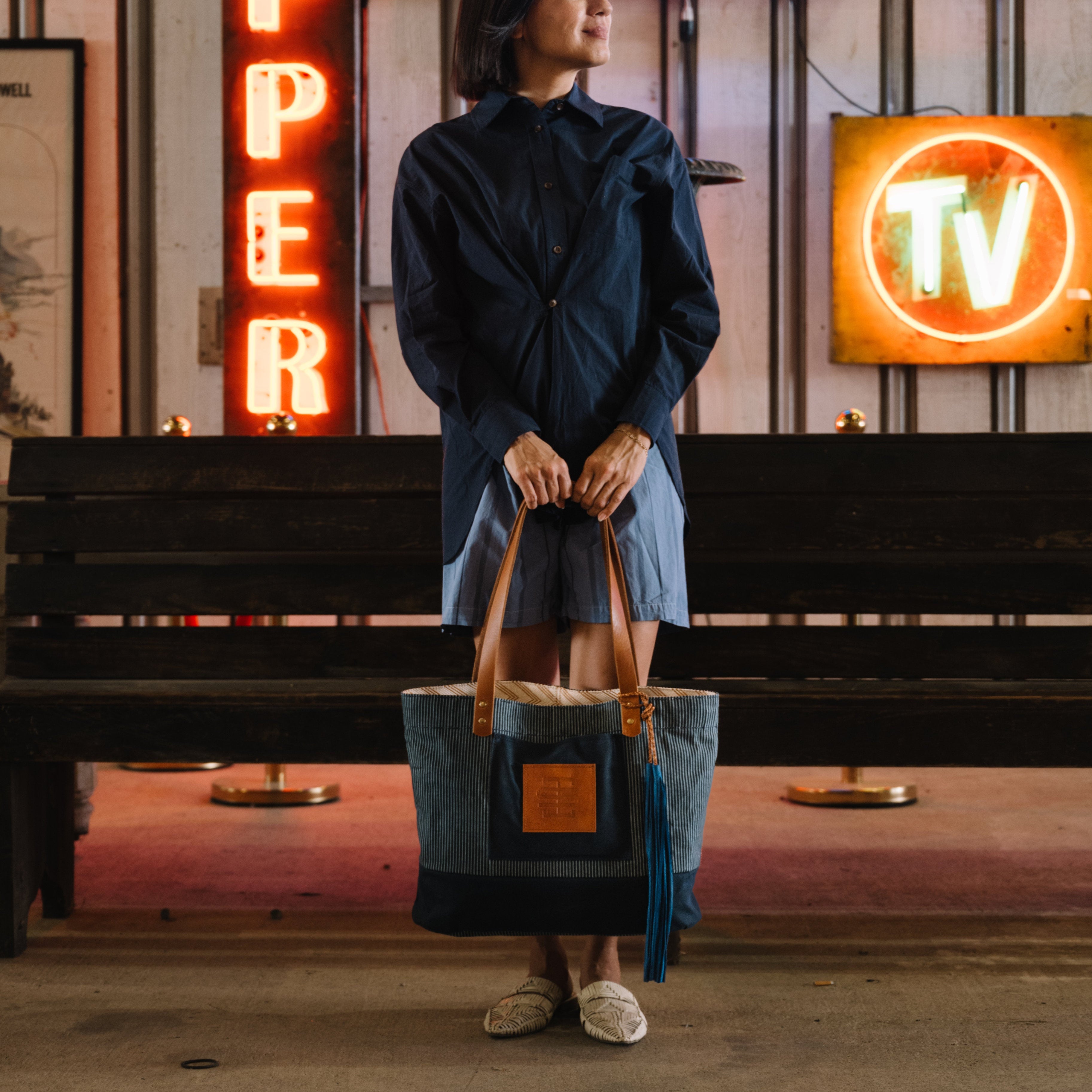 Field Tote | Indigo Stripe Waxed Denim