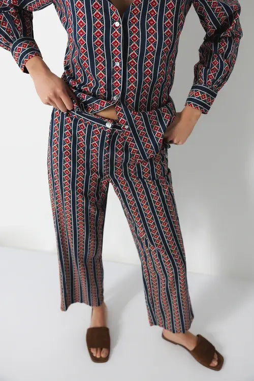 Mid-Rise Cotton Pant | Navy Geometric | L