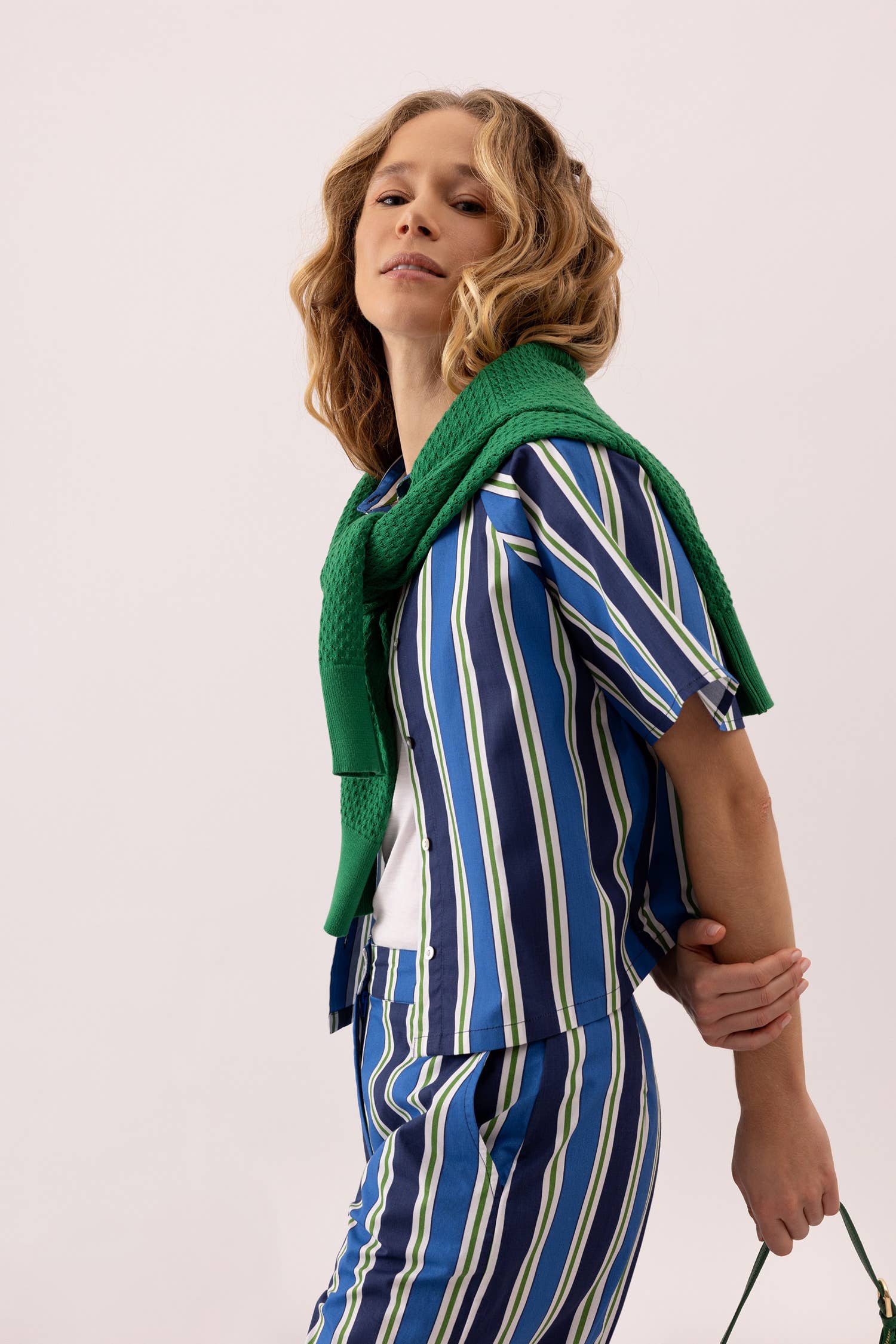 Short Sleeve Top | Navy/Green Stripe