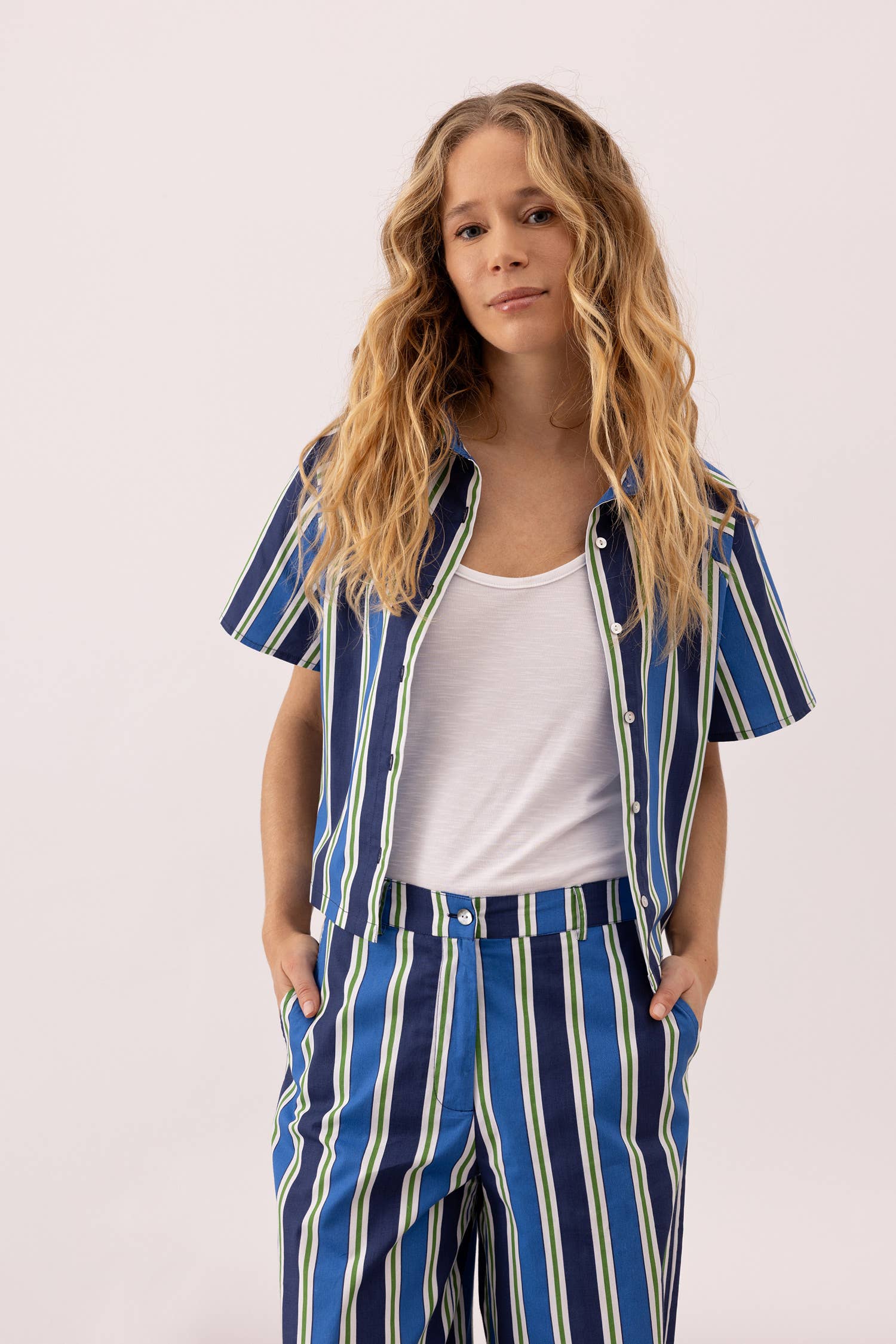 Short Sleeve Top | Navy/Green Stripe