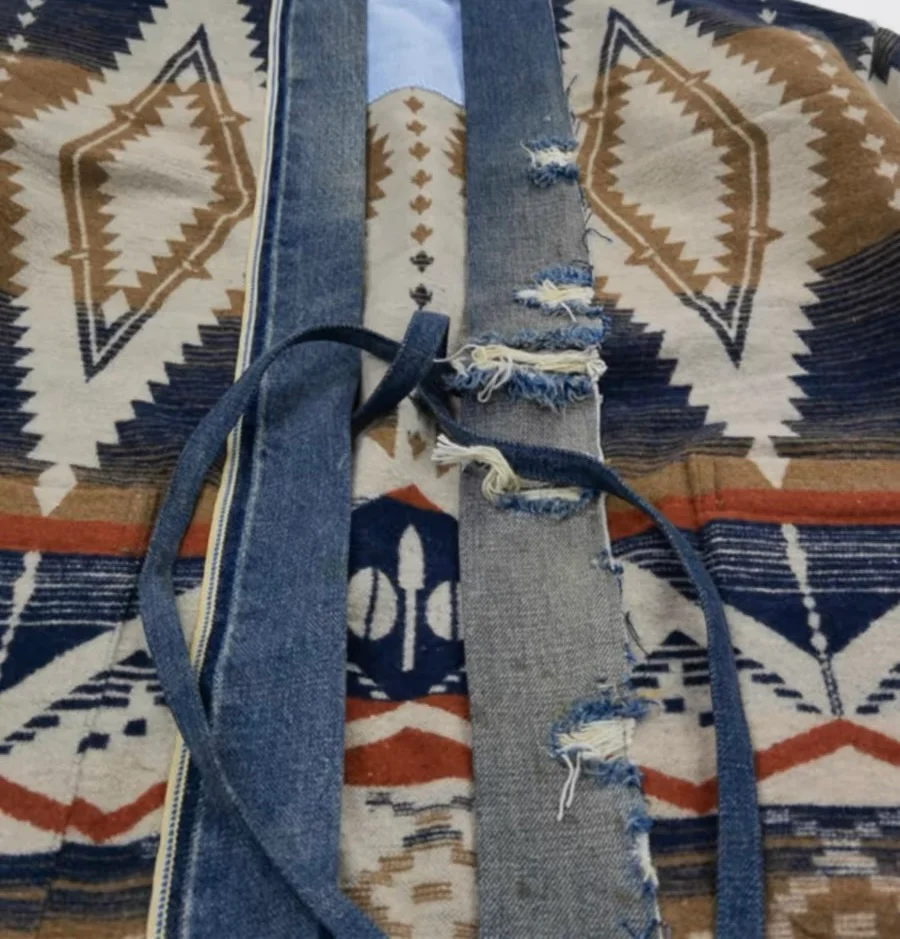 Denim Distressed Folk Haori Jacket | Tan + Indigo