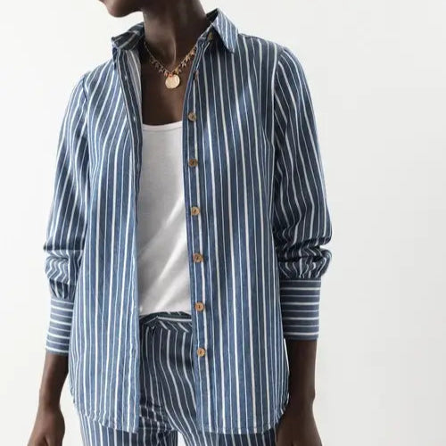 Long Sleeve Button Up Top | Blue Stripe