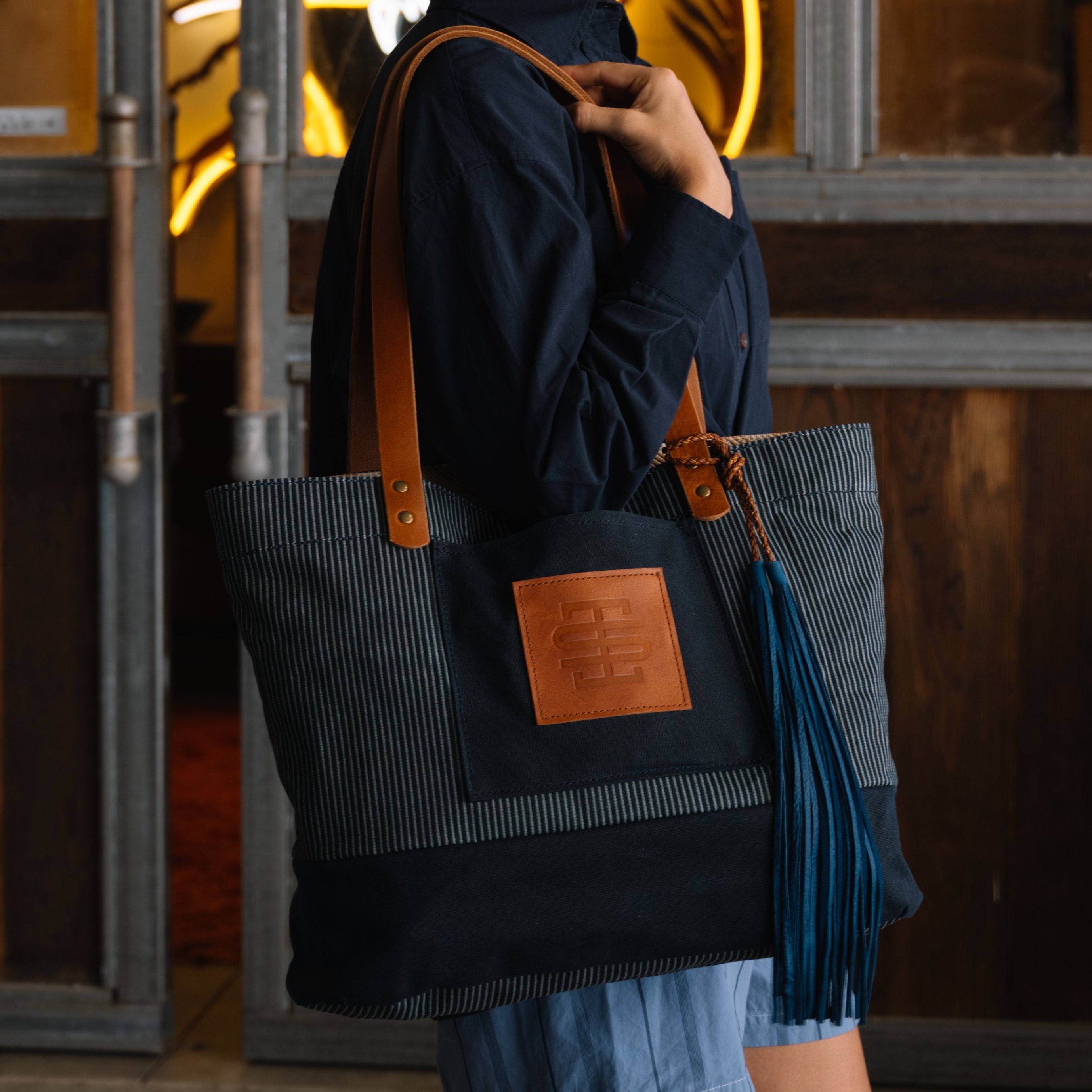 Field Tote | Indigo Stripe Waxed Denim