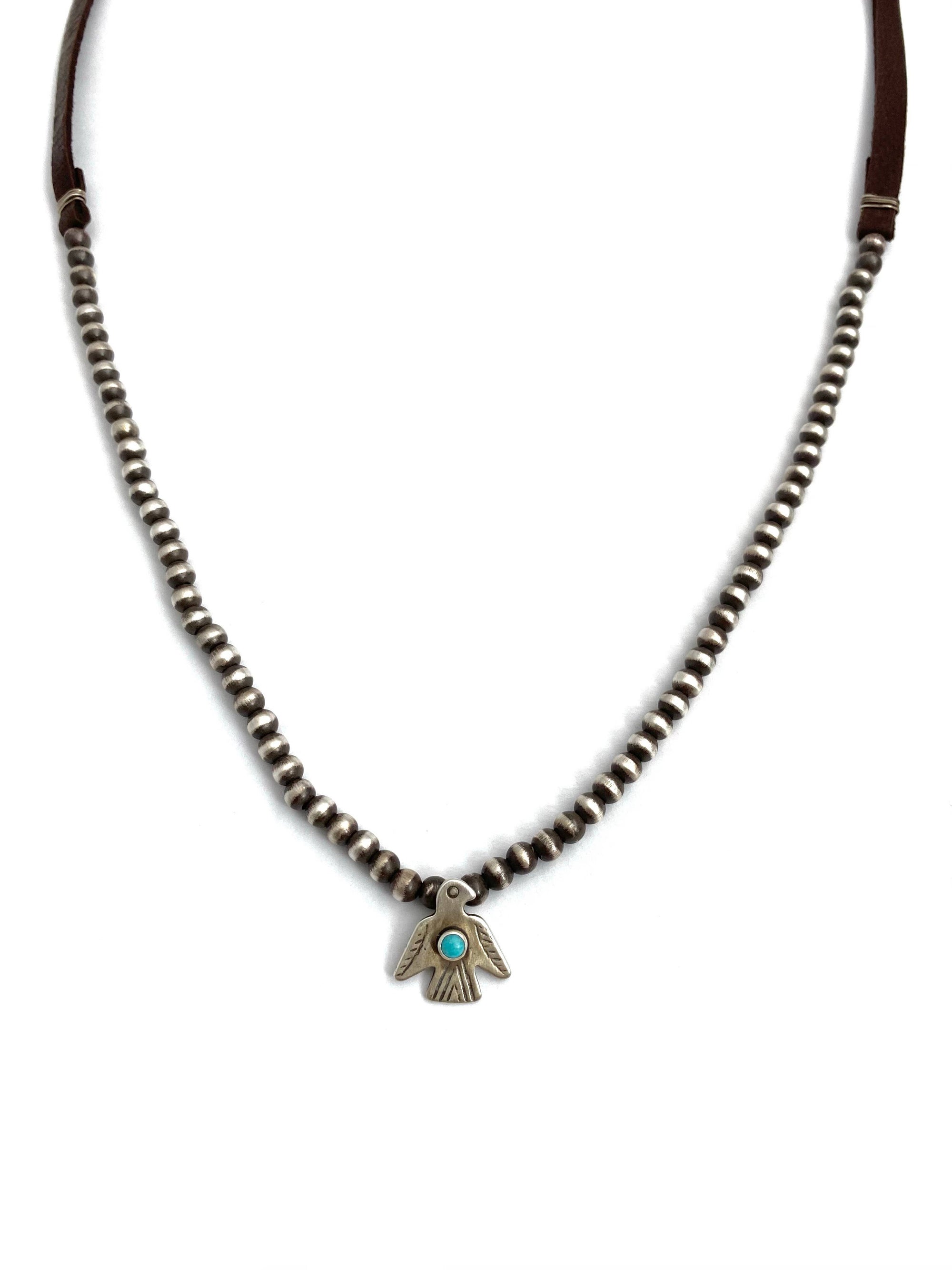 Thunderbird with Turquoise on Leather and Navajo Pearl Neckl