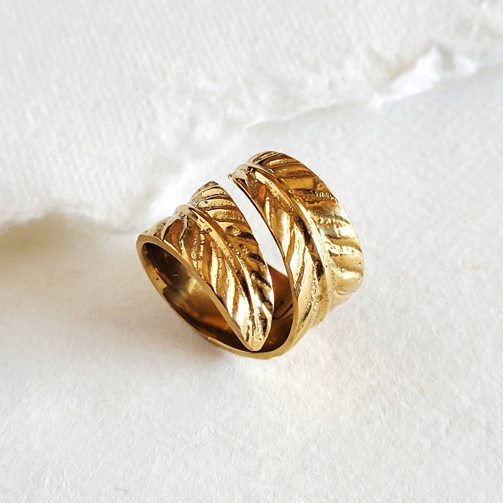 Brass ring feather leaf wrap ring