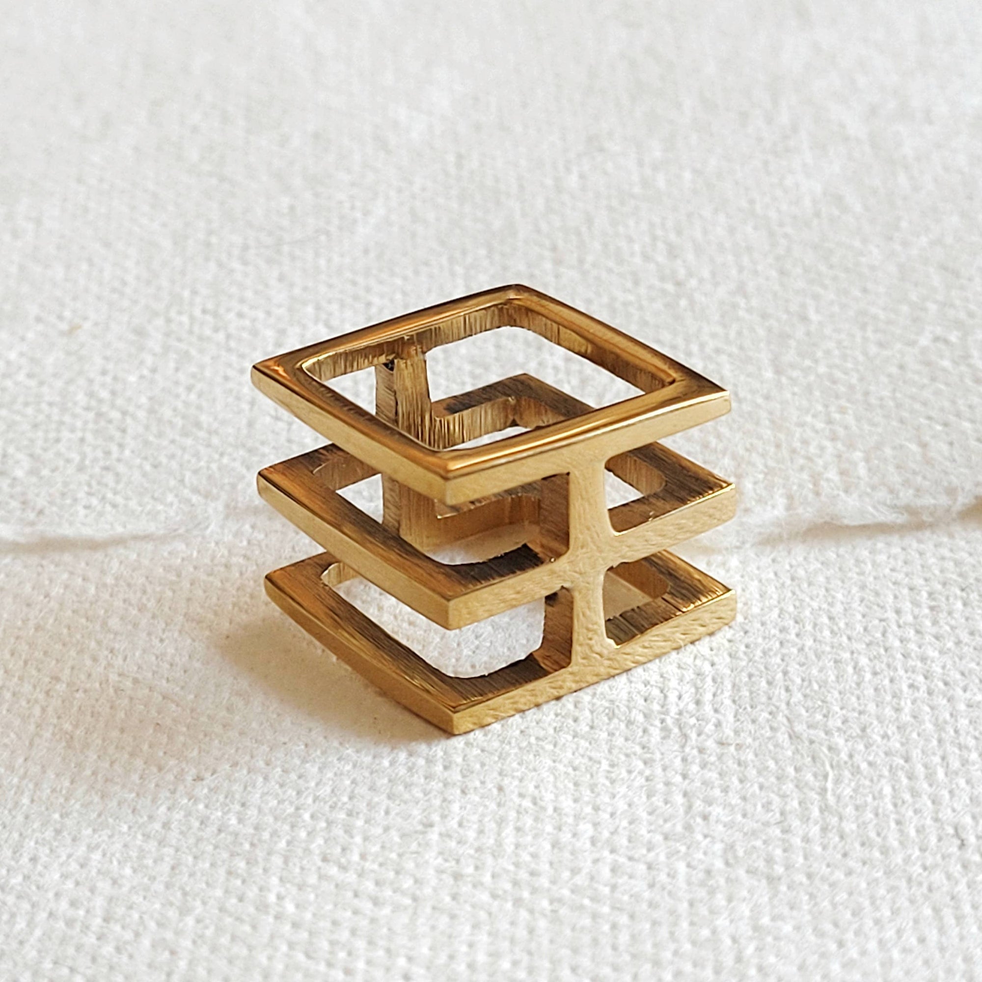 Brass grid caged square modern geometric Ring